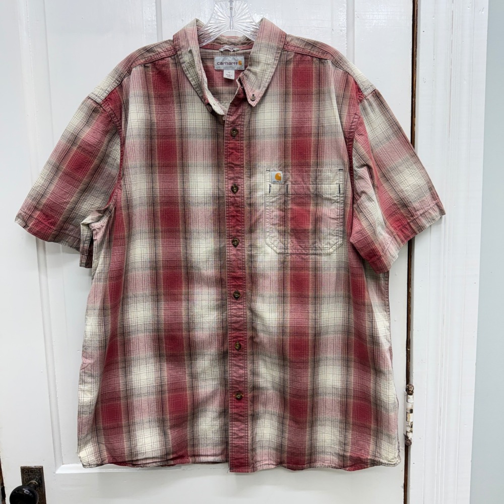 Carhartt Relaxed Fit Short‎ Sleeve Button Down Plaid Red Shirt Men's XL